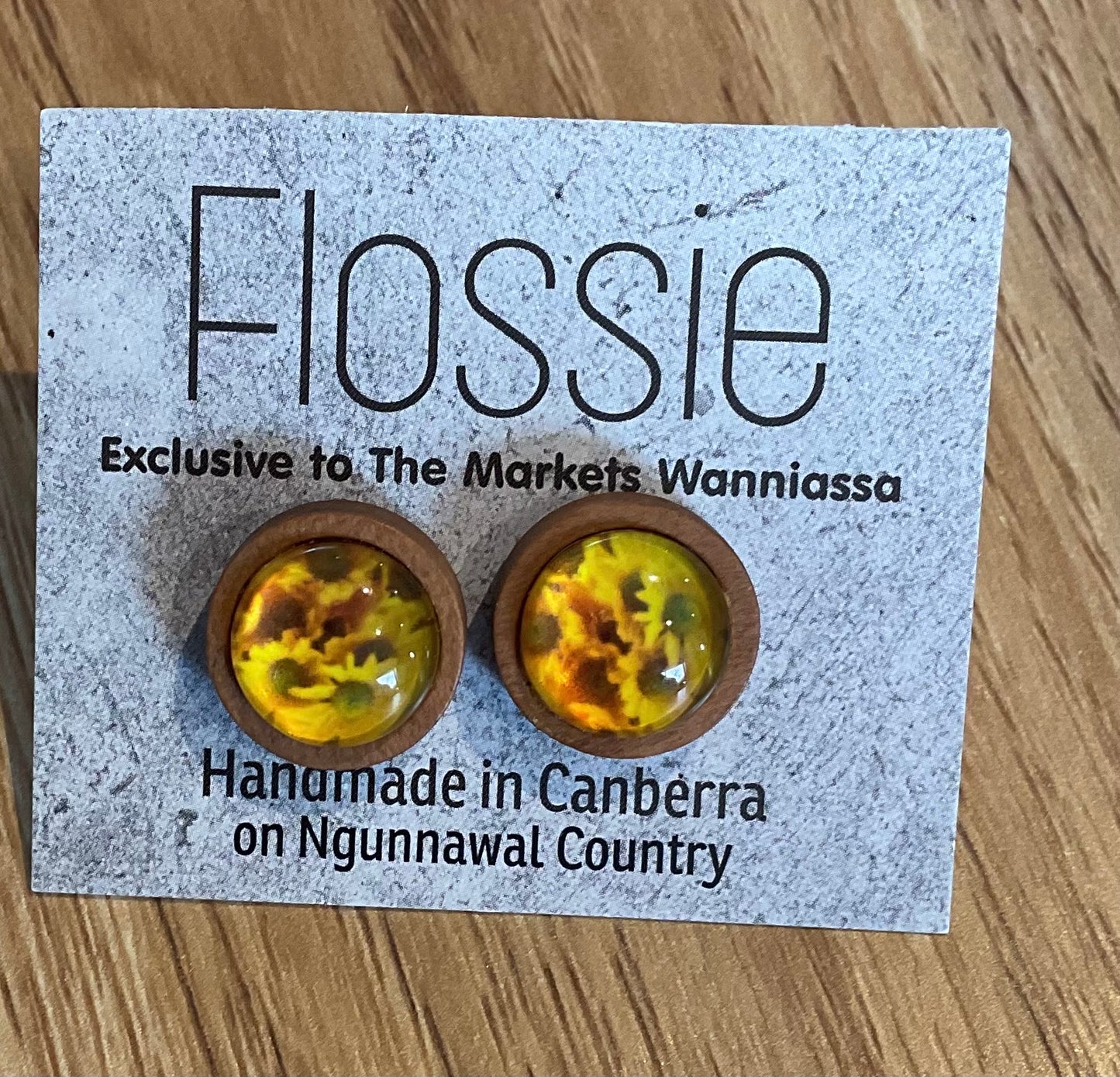 *Earrings Wooden Yellow Flowers Dome Studs