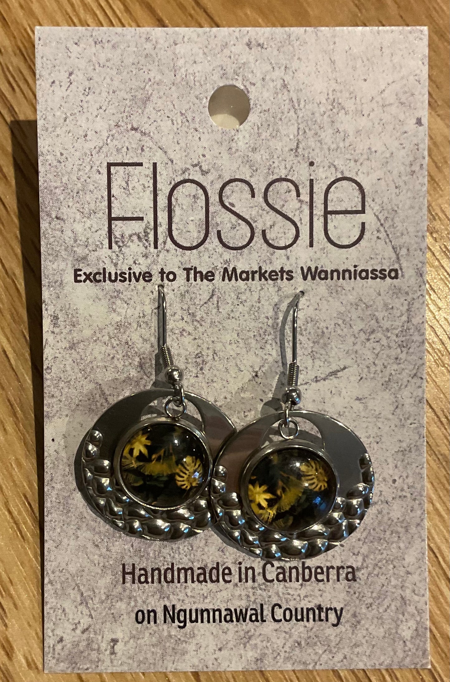 *Earrings Floral Print Glass Dome Silver Dangles