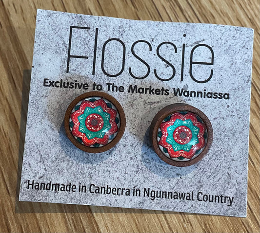 *Earrings Wooden Green Mandala Dome Studs