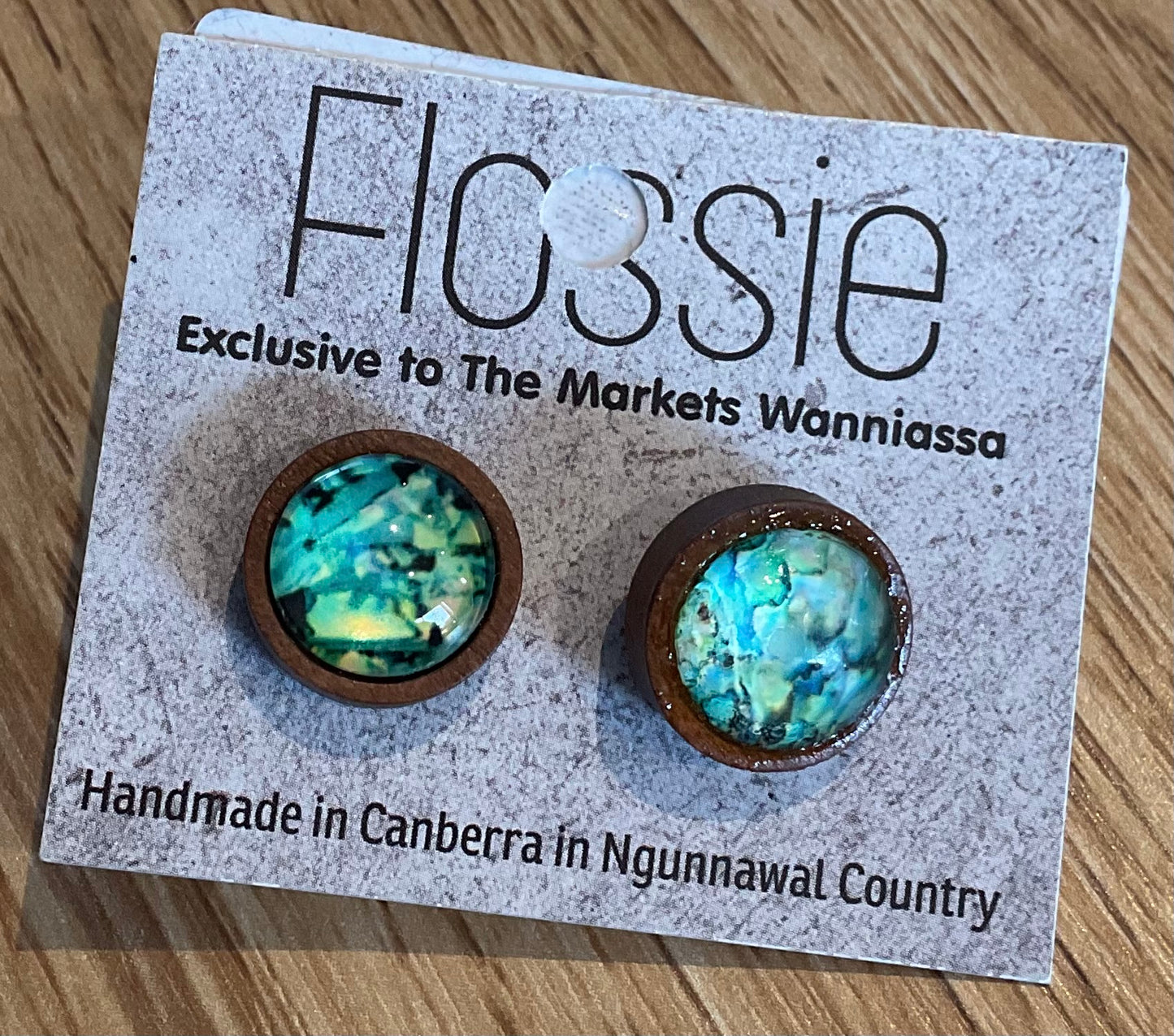 *Earrings Wooden Green Marble Dome Studs