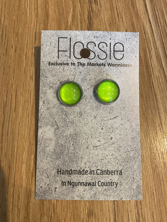 *Earrings Glass Dome Studs Lime Spots