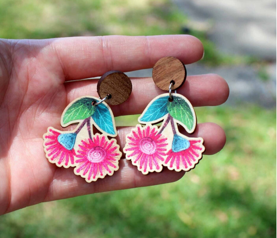 Wooden Pink Gum Blossom Statememt Earrings