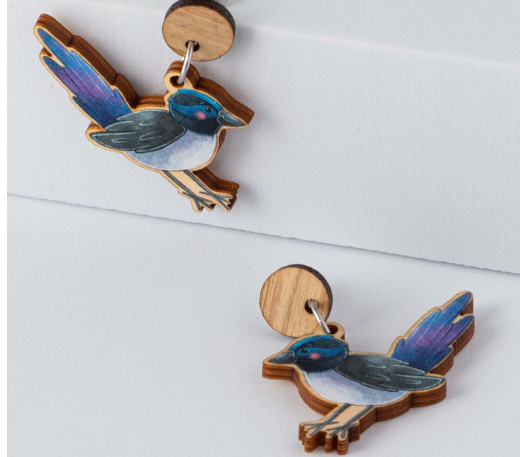 Wooden Fairy Wren Statement Earrings