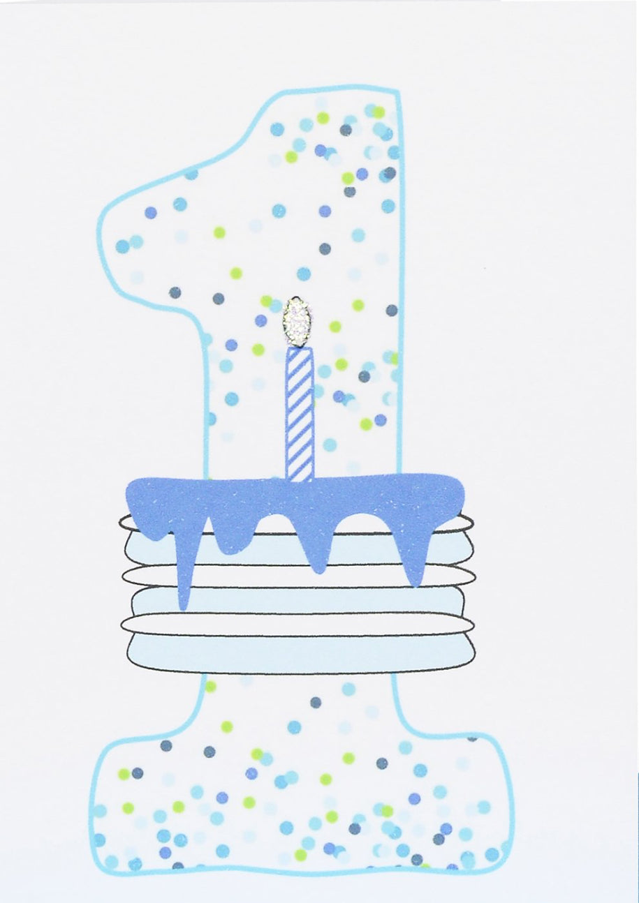 1st Birthday Card Blue Confetti and Cake