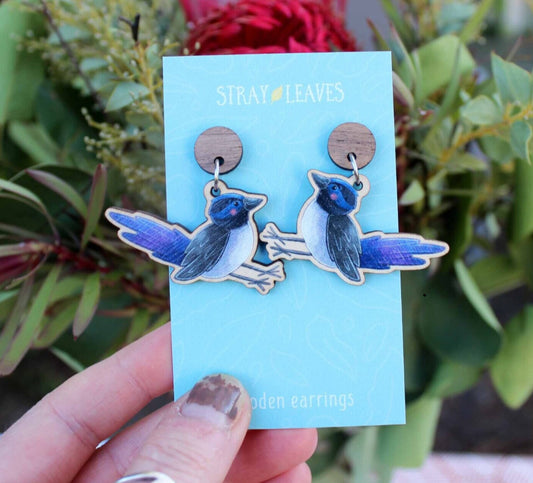 Wooden Fairy Wren Statement Earrings