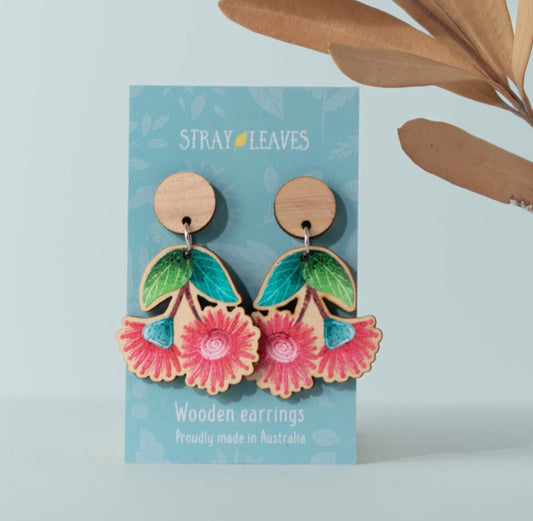 Wooden Pink Gum Blossom Statememt Earrings