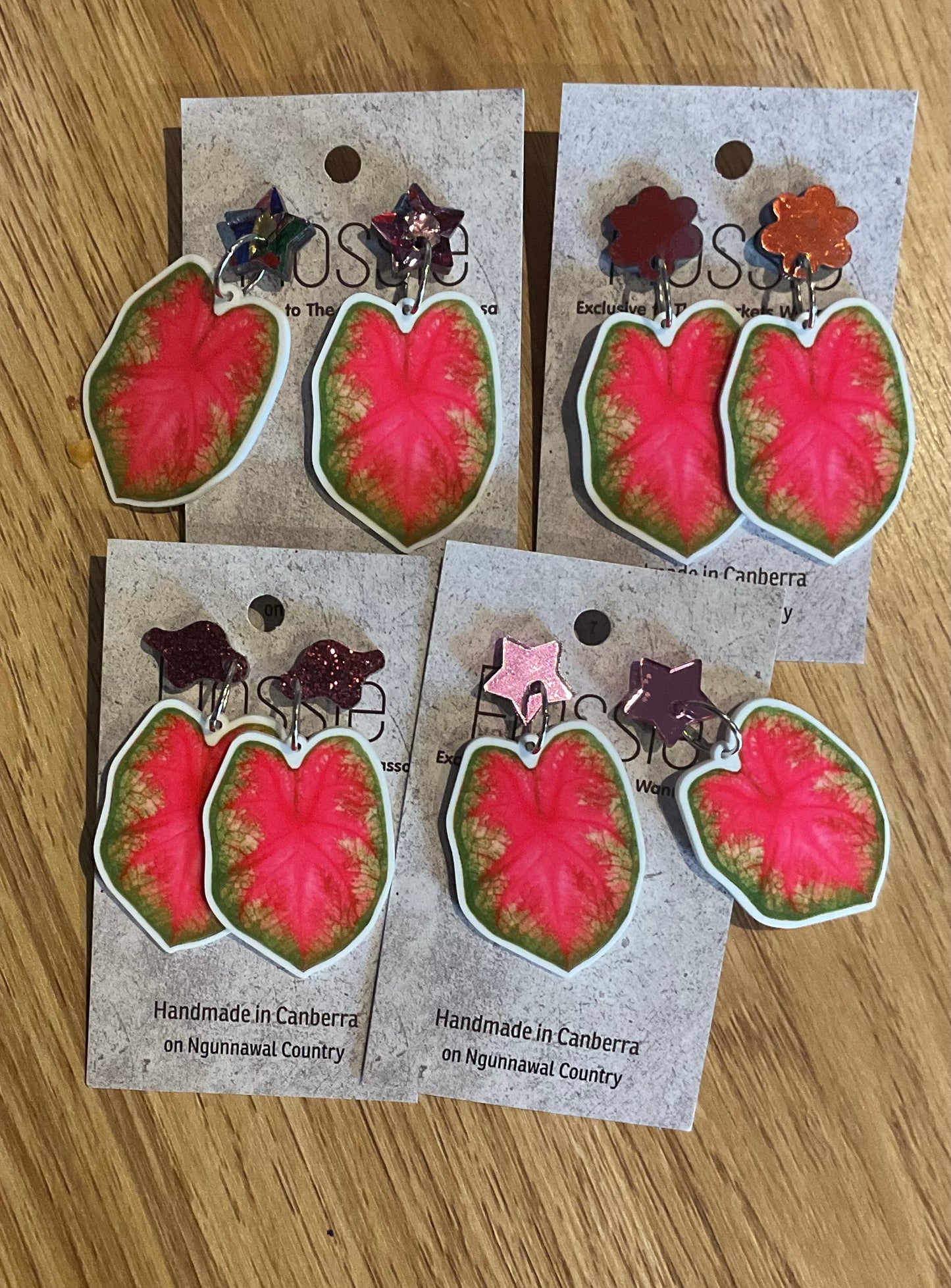 *Earrings Pink/Green Leaves Dangles