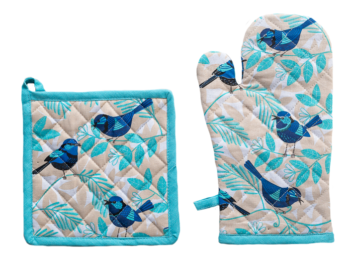 Oven Glove & Pot Holder Set - Blue Wren