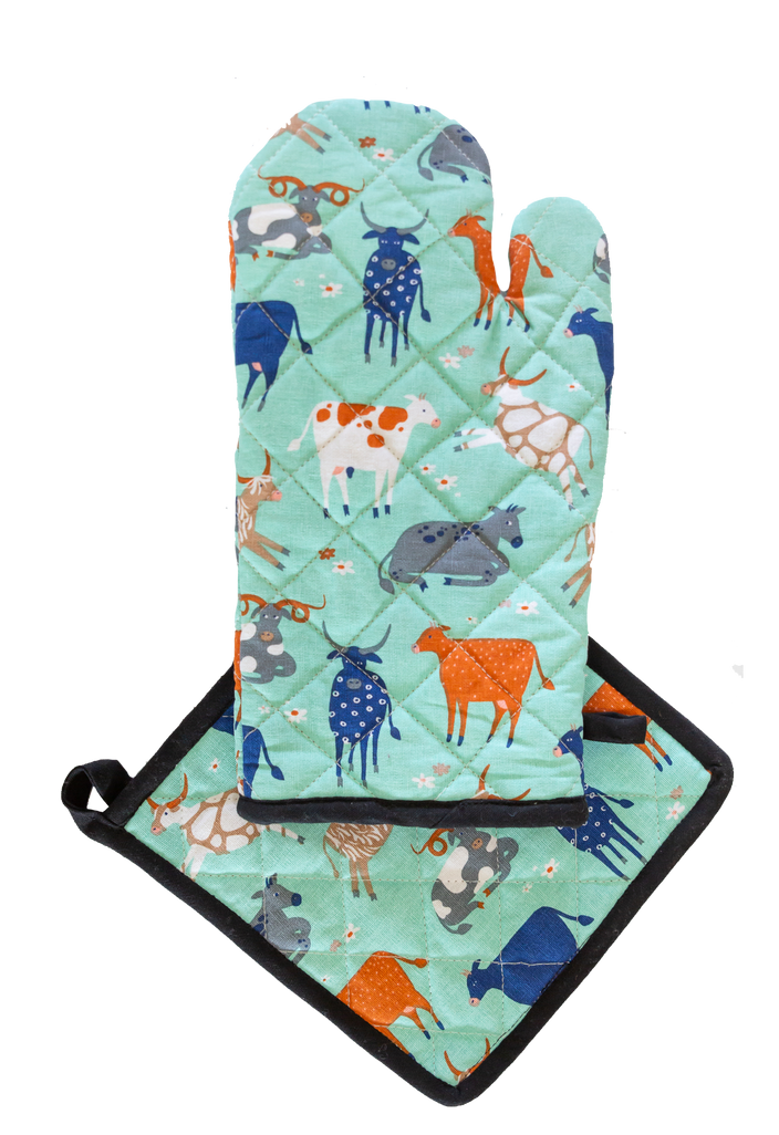 Oven Glove & Pot Holder Set - Green Cow