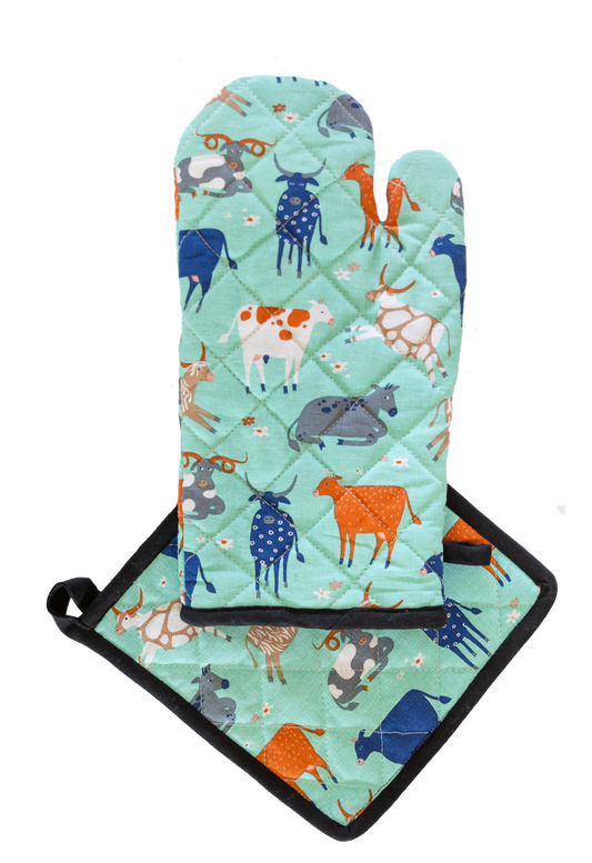 Oven Glove & Pot Holder Set - Green Cow