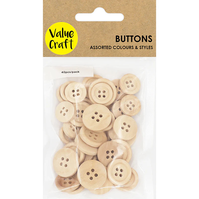 Wooden Buttons Assorted Sizes - 40pc