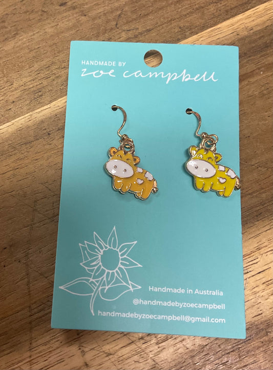 Novelty Cow Earrings Yellow