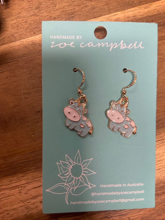 Novelty Cow Earrings Blue
