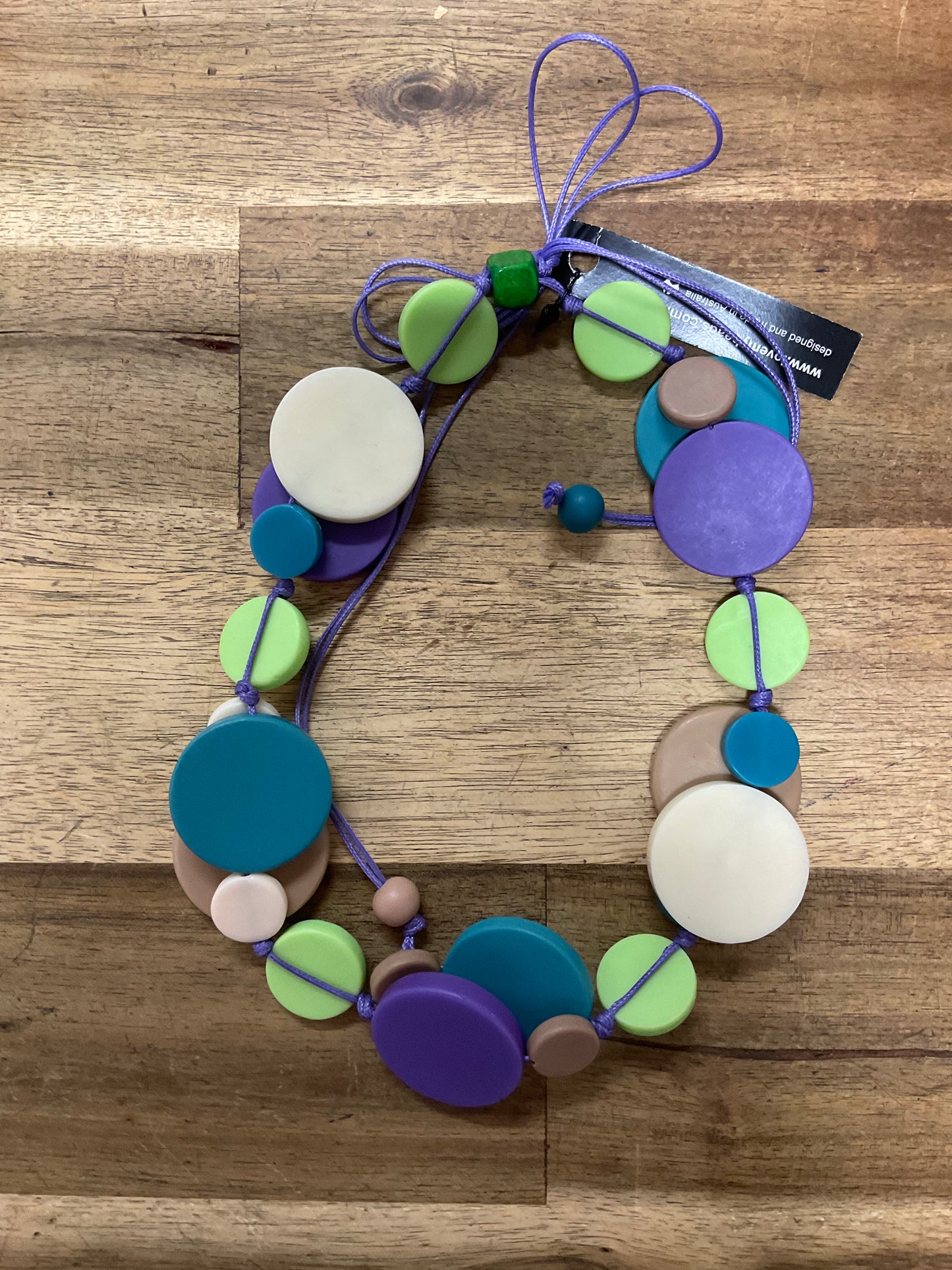 Double Coin Adjustable Resin Necklace - Purple/Teal/Brown/Cream