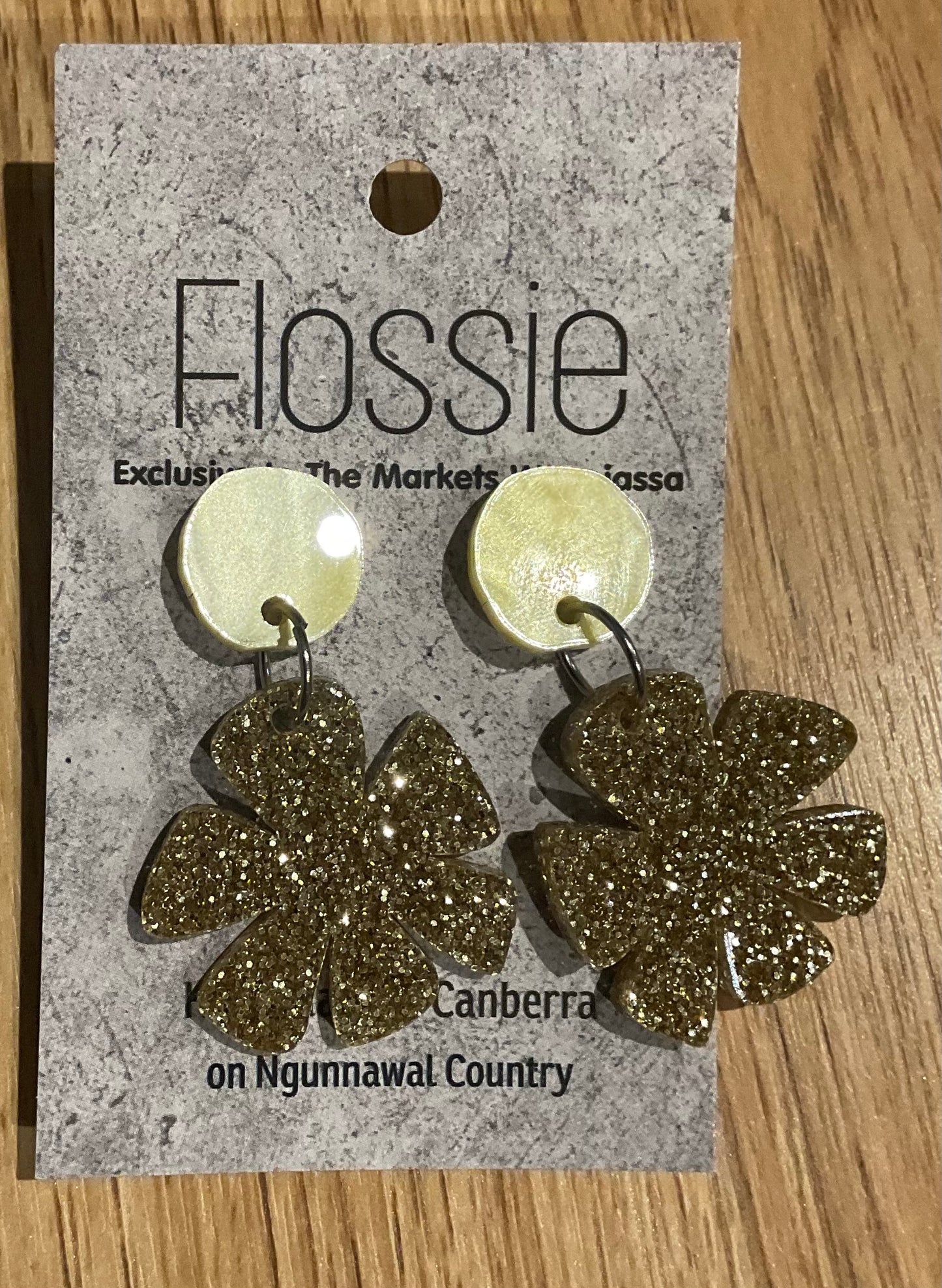 *Earrings Acrylic Glitter Gold Flower Dangles