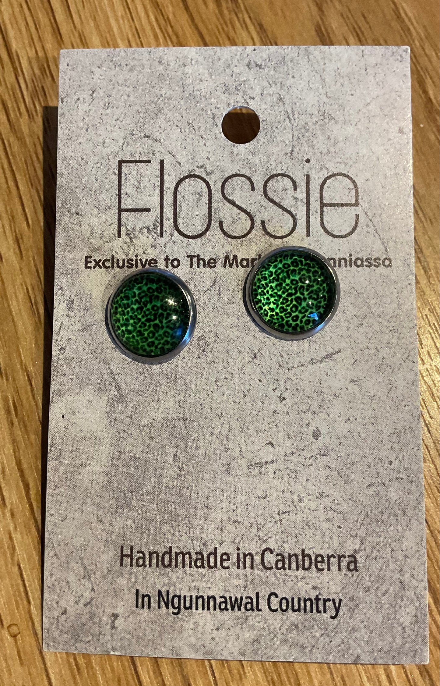 *Earrings Green Animal Print Glass Dome Studs