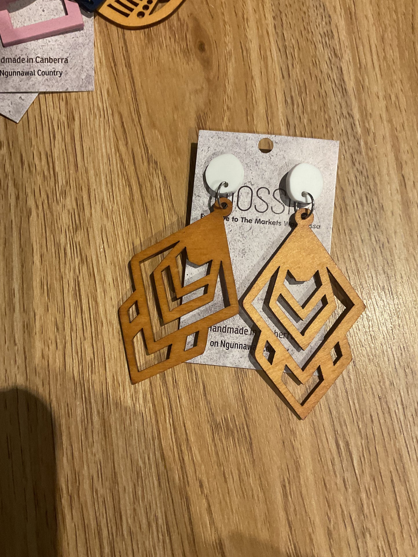 *Earrings Wooden Large Diamond with White Dangles