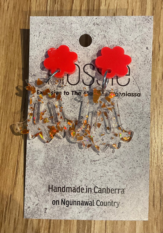 *Earrings Acrylic Clear and Gold Glitter Flower Dangles