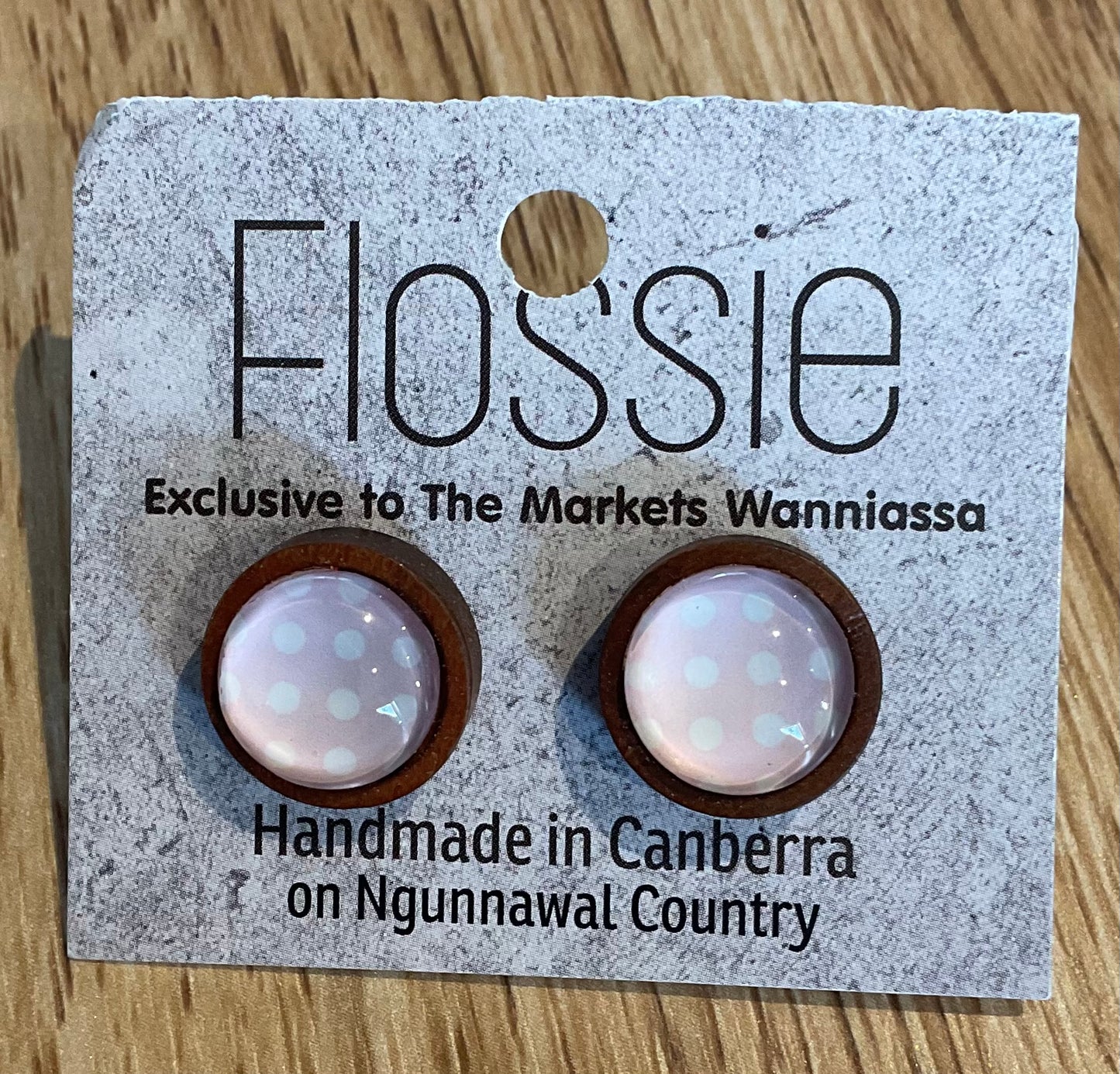 *Earrings Wooden Pink Spots Dome Studs