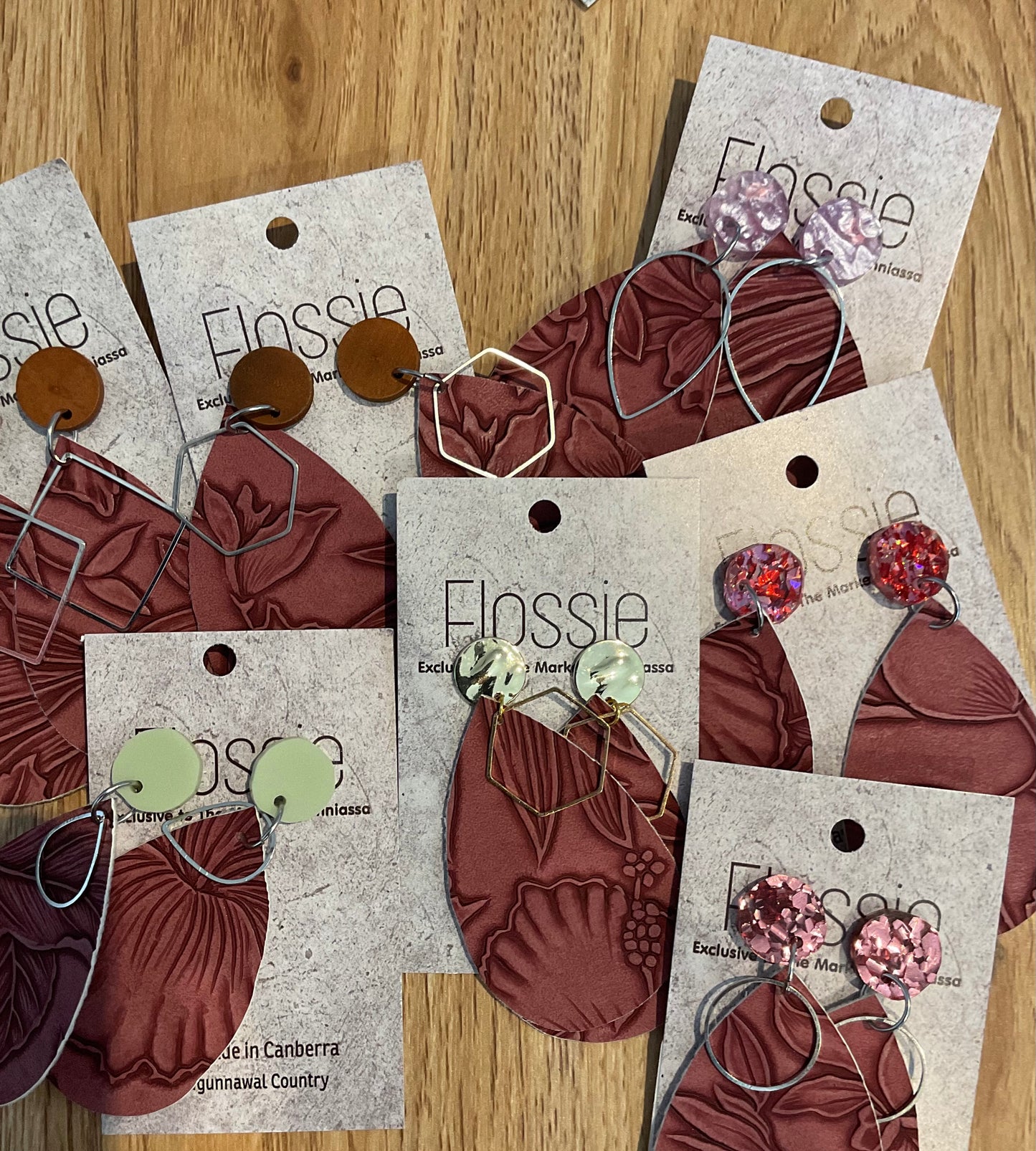 *Earrings Embossed Flowers Maroon Dangles
