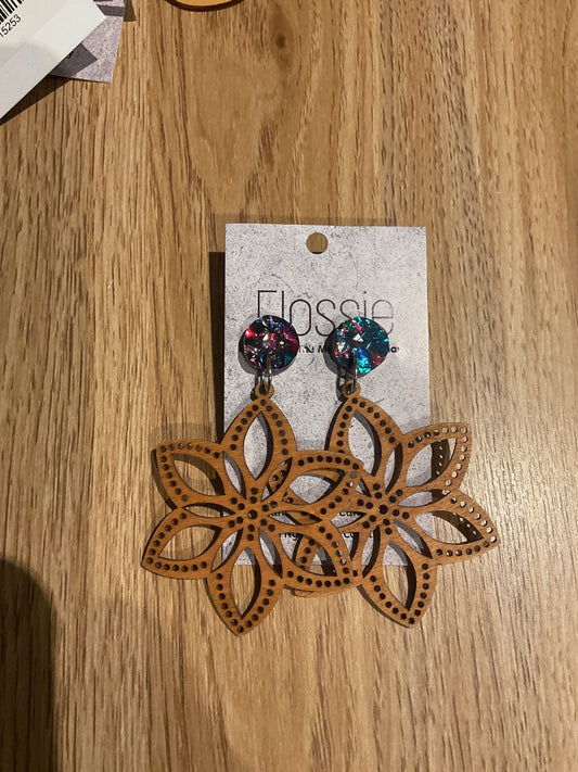 *Earrings Wooden Lotus with Glitter Dangles
