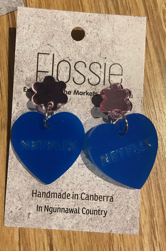 *Earrings Acrylic Blue Heart "NETFLIX" Dangles