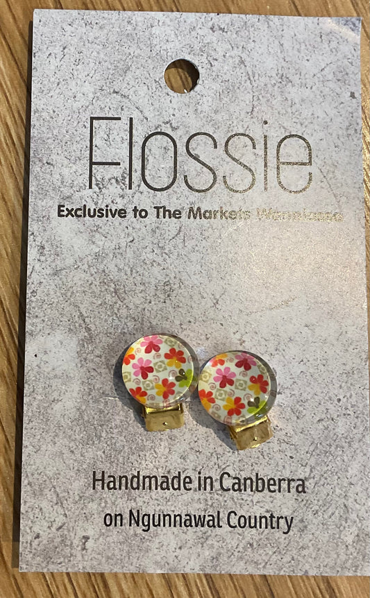*Earrings Clip on Round Glass Dome Studs Flowers