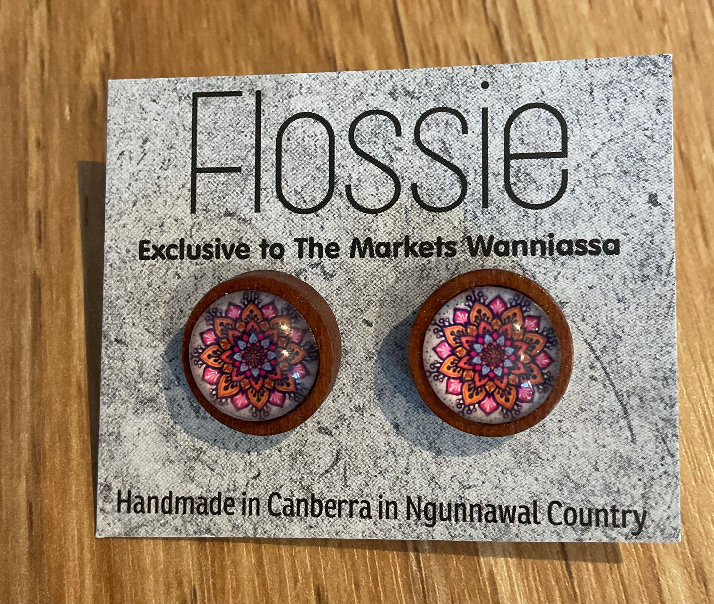 *Earrings Wooden Pink Mandala Dome Studs