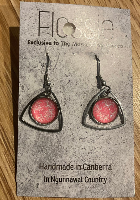 *Earrings Glass Dome Triangle Dangles Red Pattern