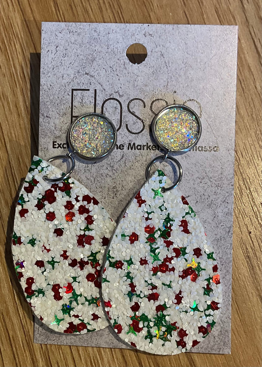 *Earrings Red White Green Glitter Dangles