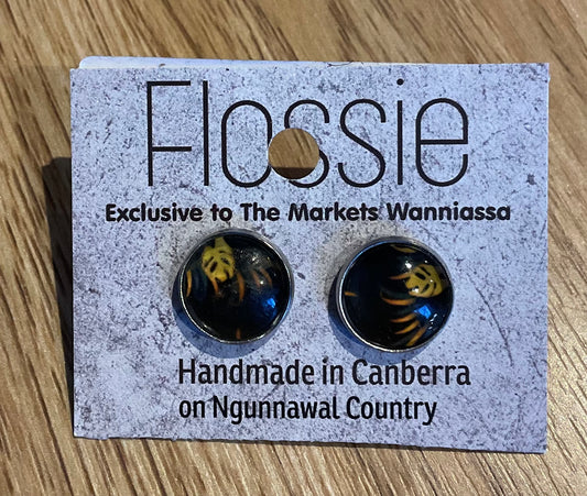 *Earrings Black Gold Print Glass Dome Studs