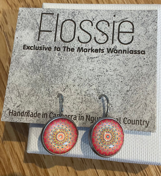 *Earrings Glass Dome Dangles Pink Mandala