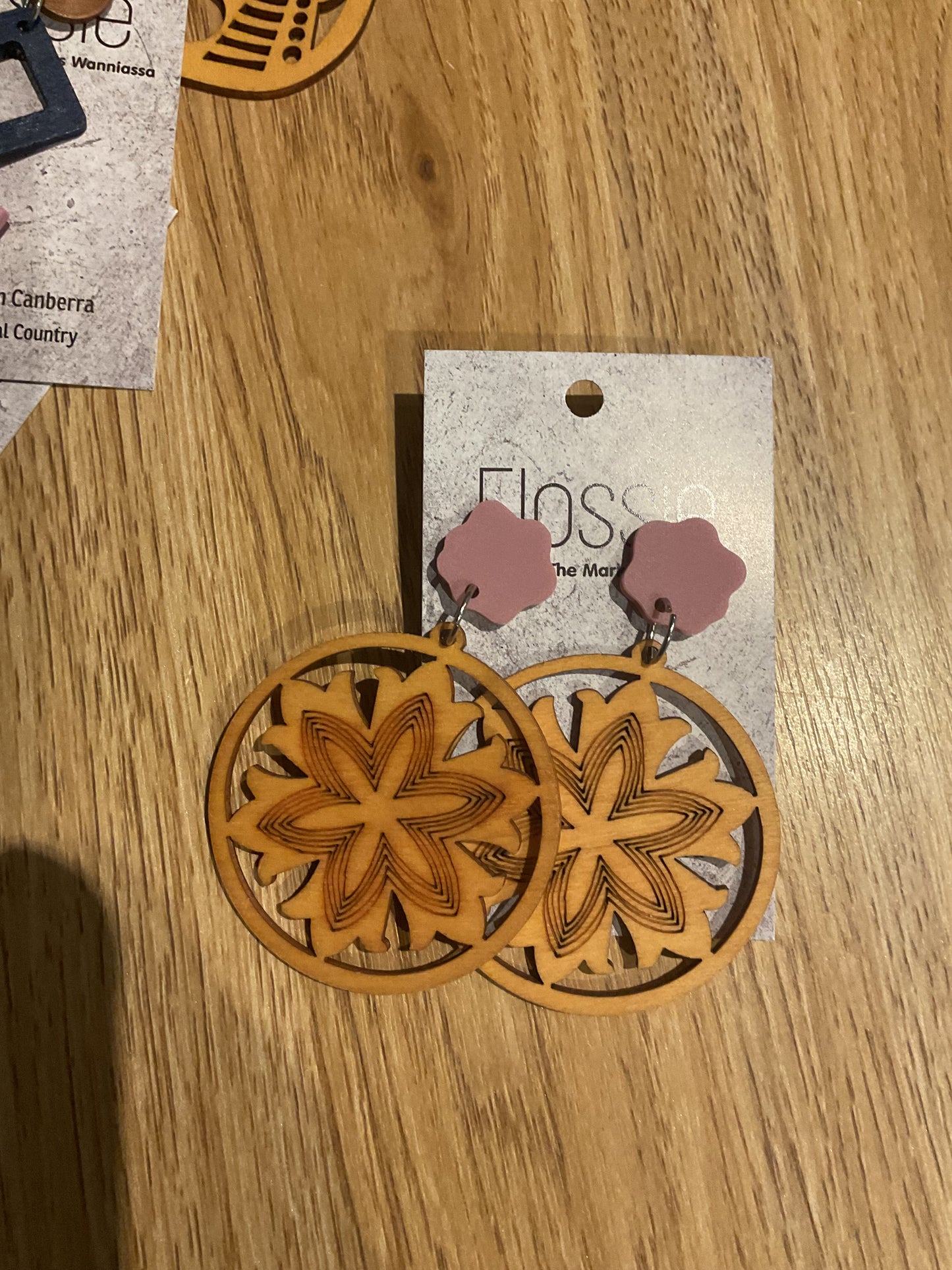 *Earrings Wooden Round with Pink Dangles