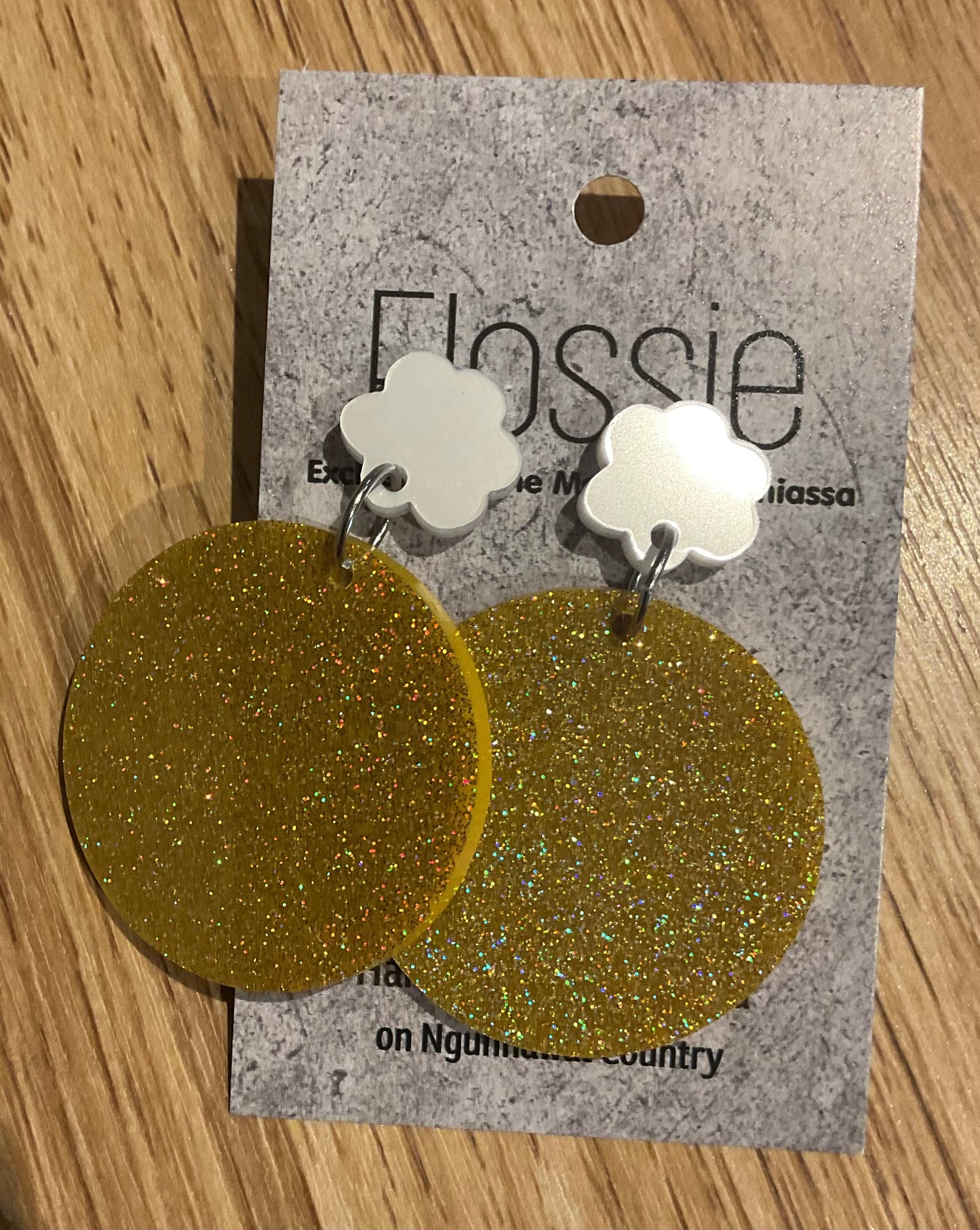 *Earrings 4cm Round Glitter Gold Dangles