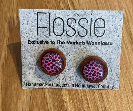 *Earrings Wooden Pink Animal Print Dome Studs