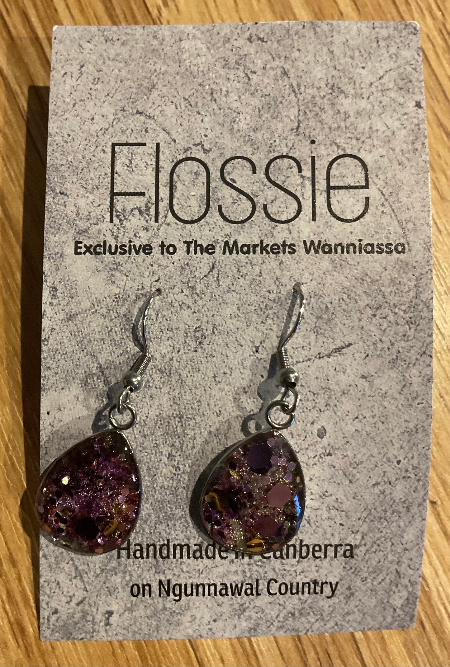 *Earrings Hand Poured Glitter Resin Dangles Purple