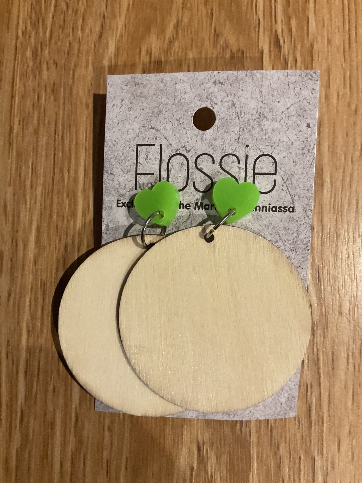 *Earrings Wooden Large Hoop Green Heart Dangles