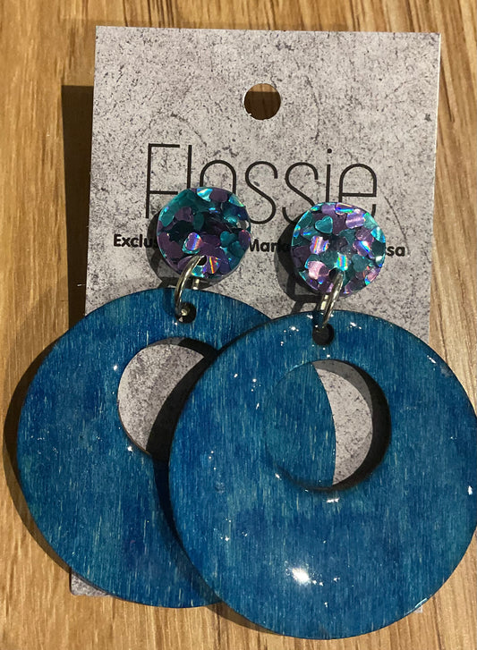 *Earrings Hand Painted Blue Hoop Resin Dangles