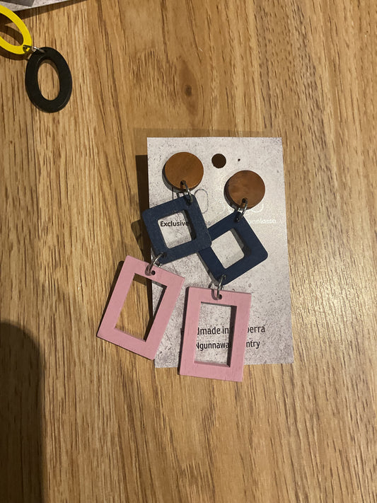 *Earrings Wooden Squares in Blue and Pink Dangles