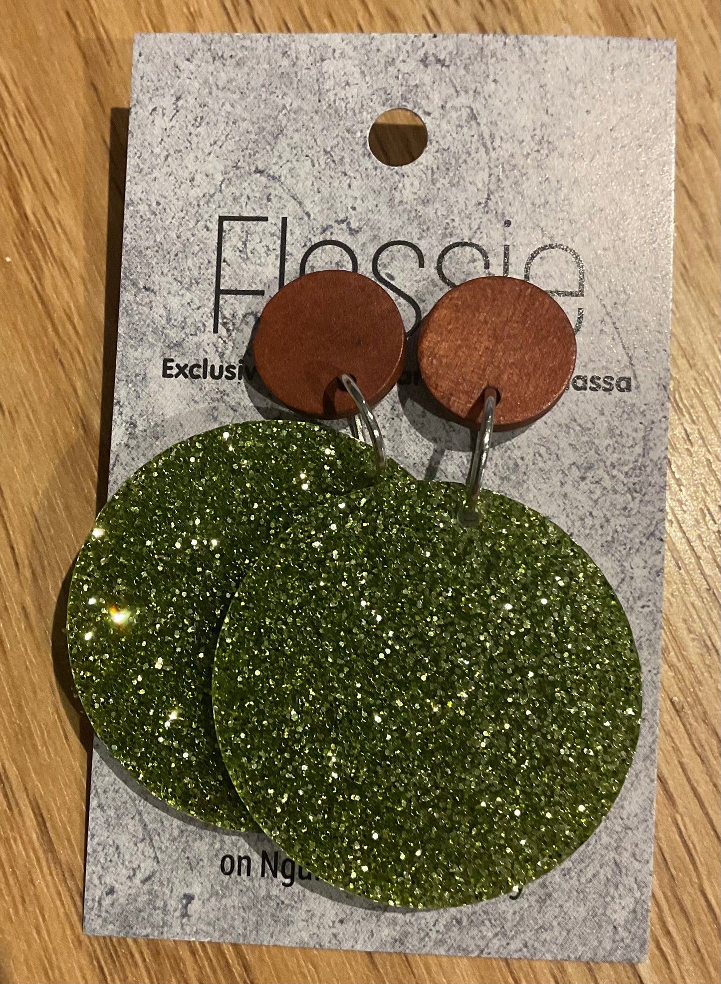 *Earrings 4cm Round Green Glitter Dangles