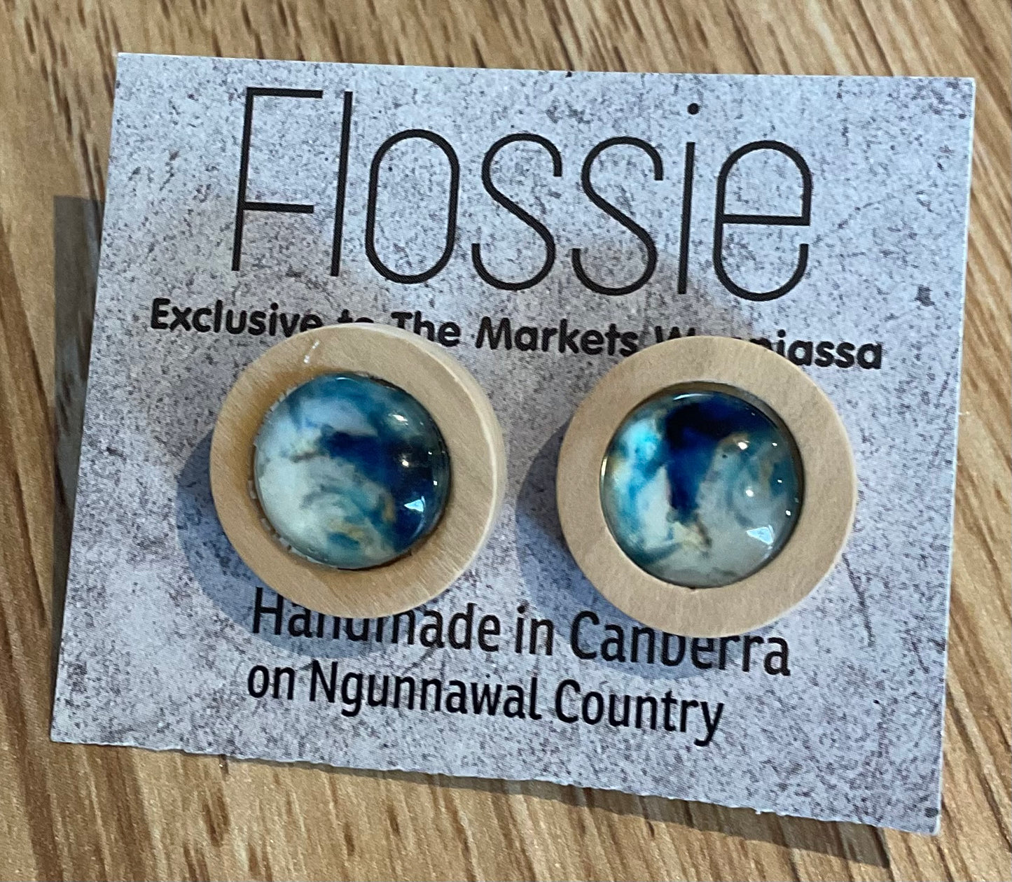 *Earrings Wooden Blue Marble Dome Studs