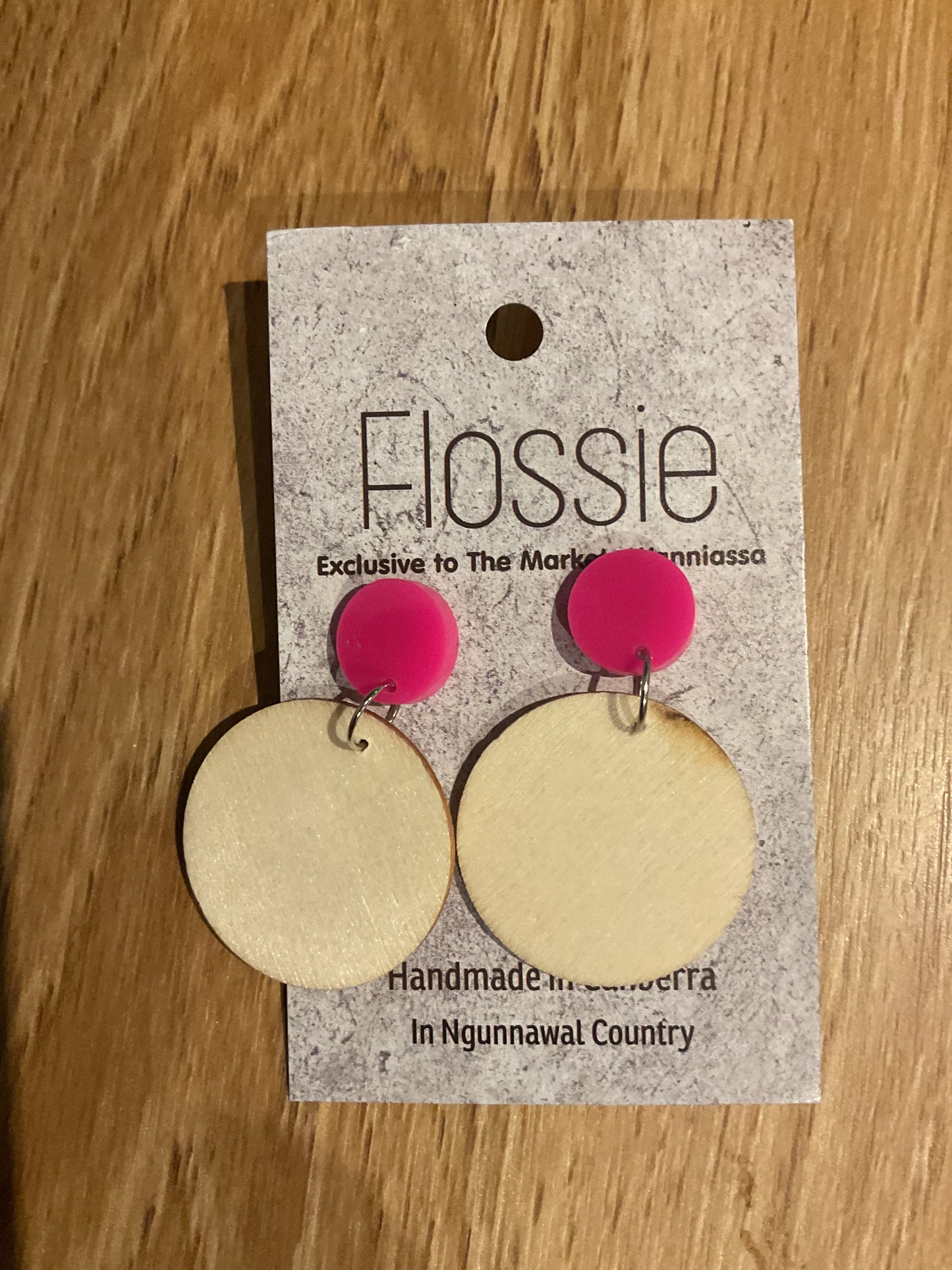 Earrings Wooden Circle with Hot Pink Dangles