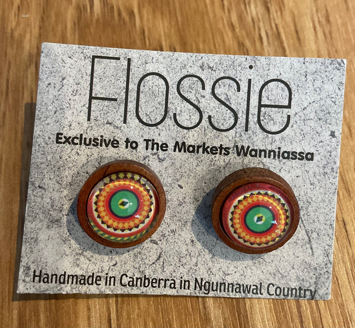 *Earrings Wooden Orange Green Mandala Dome Studs