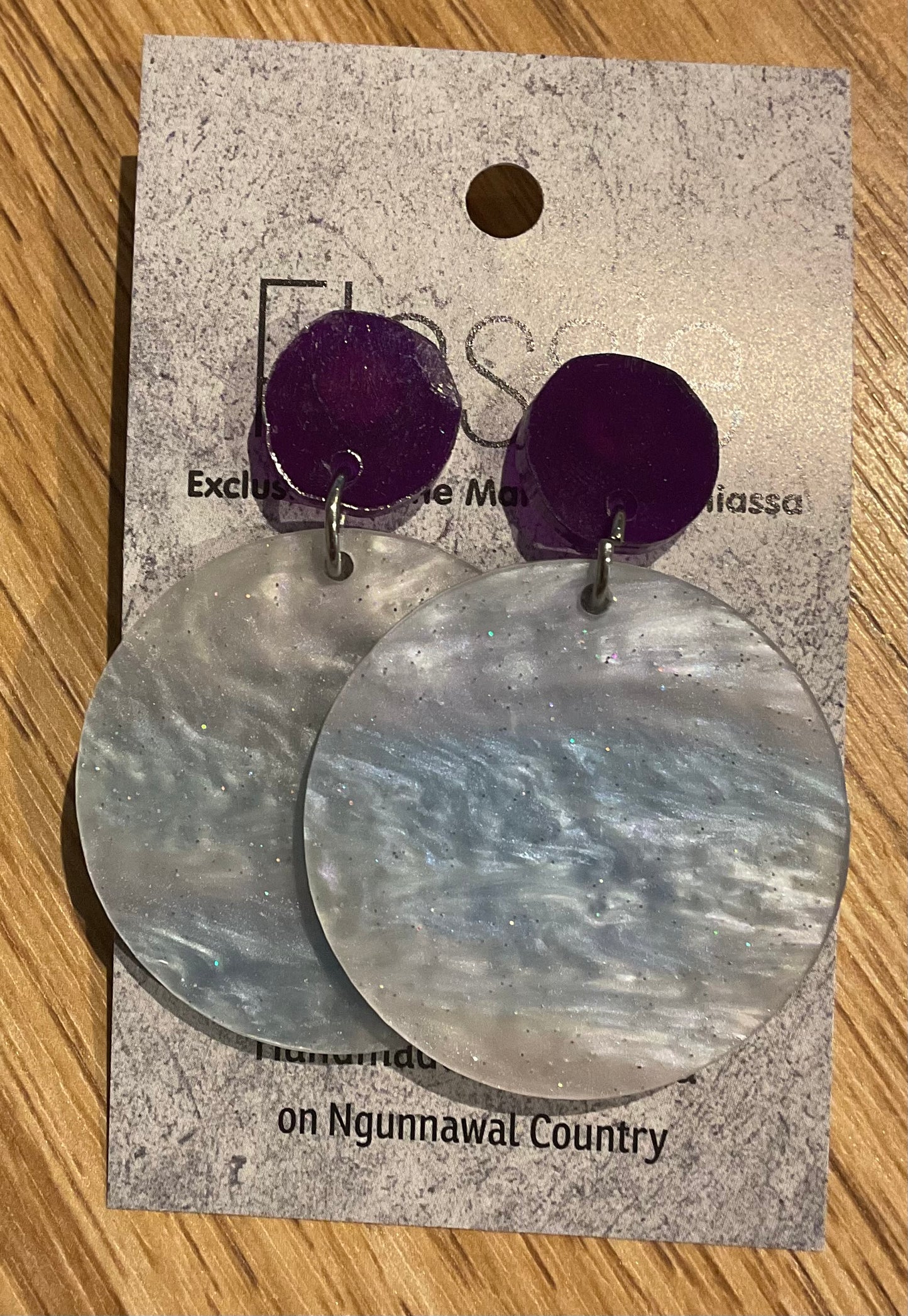 *Earrings 4cm Round Pastel Blue Marble Dangles