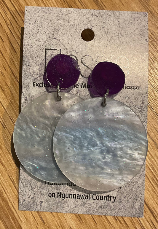 *Earrings 4cm Round Pastel Blue Marble Dangles