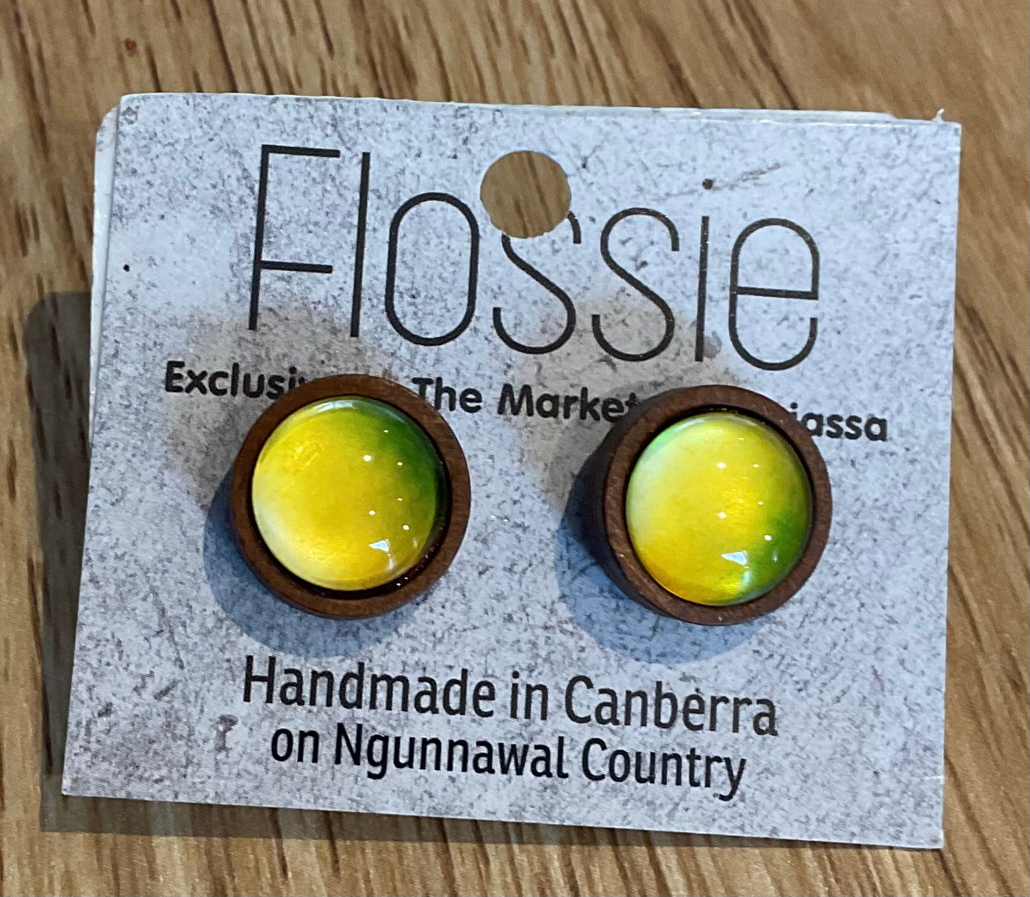 *Earrings Wooden Green/Yellow Dome Studs