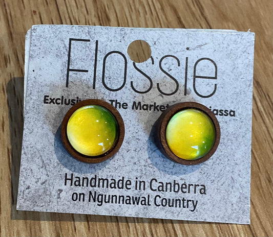 *Earrings Wooden Green/Yellow Dome Studs