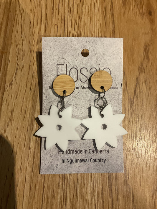 *Earrings White Star with Wood Dangles