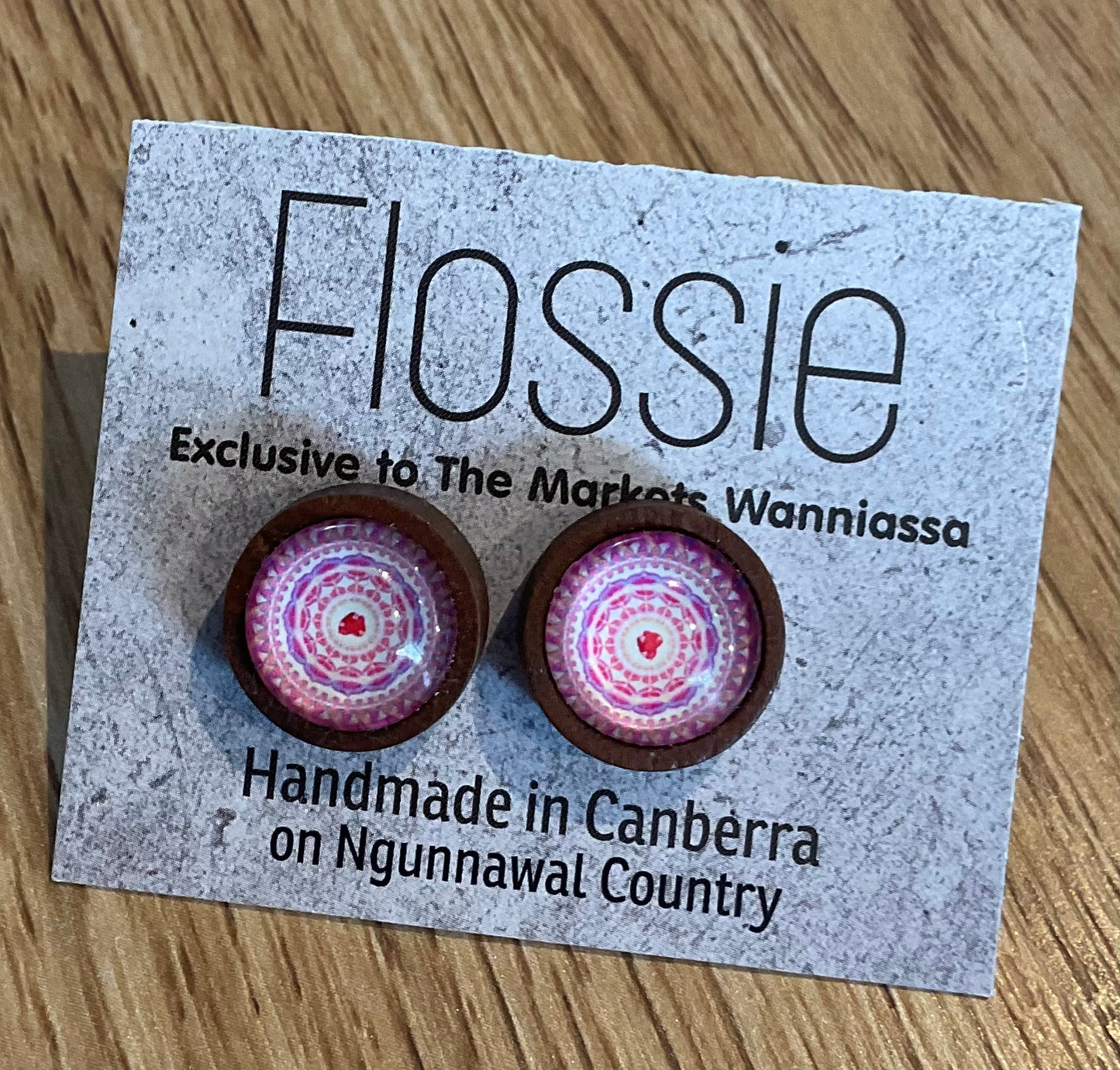 *Earrings Wooden Pink Heart Mandala Dome Studs