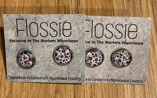 *Earrings Animal Print White Pink Studs